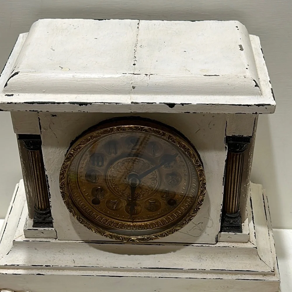 Antique Gold and White Mantel Clock with Ornate Columns